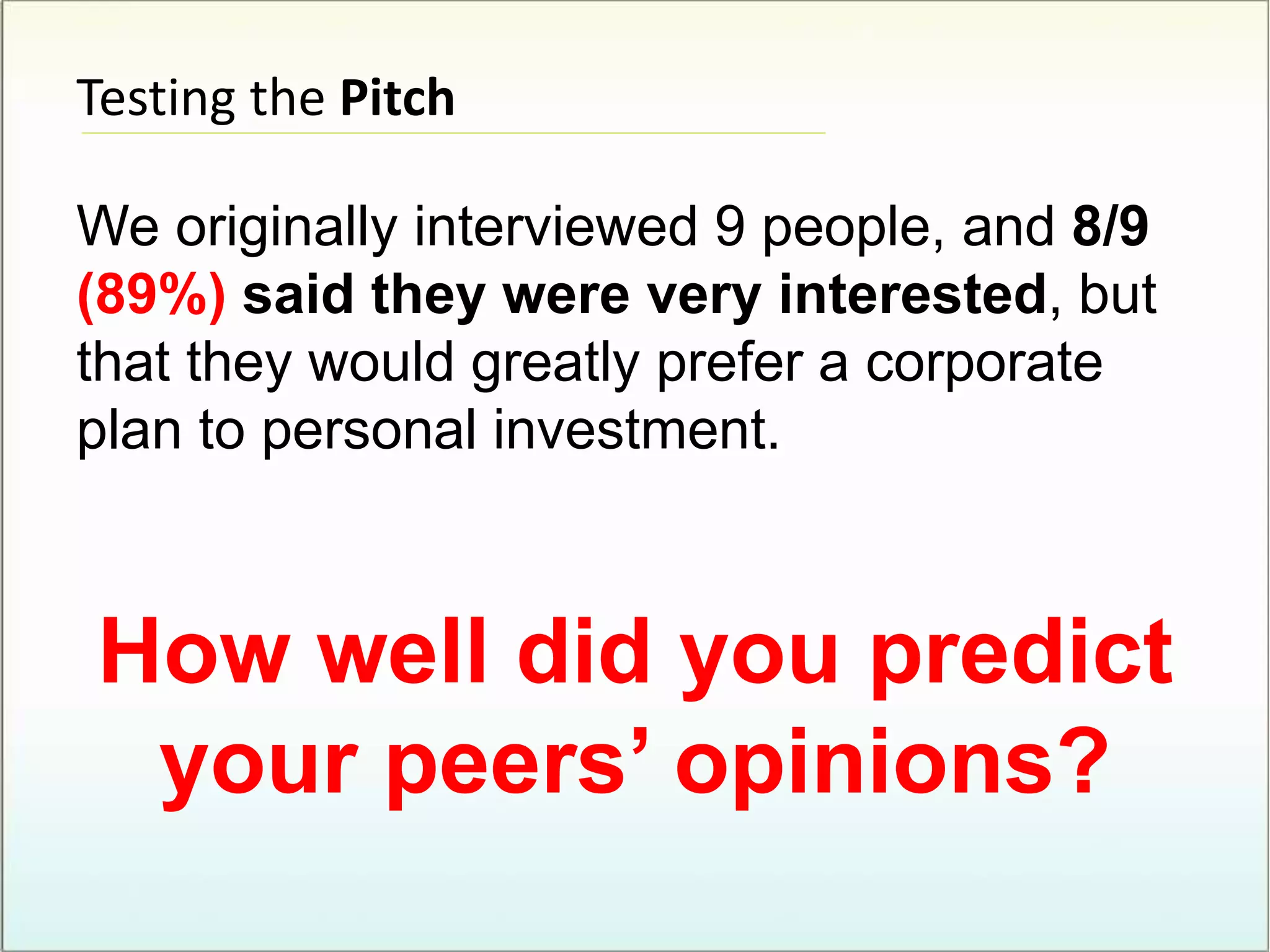 Testing the Pitch
We originally interviewed 9 people, and 8/9
(89%) said they were very interested, but
that they would greatly prefer a corporate
plan to personal investment.
How well did you predict
your peers’ opinions?
 
