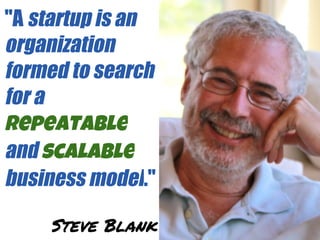 "A startup is an
organization
formed to search
for a
repeatable
and scalable
business model."

    Steve Blank
 