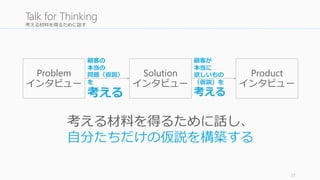 考える材料を得るために話す
27
Talk for Thinking
Problem
インタビュー
Product
インタビュー
Solution
インタビュー
顧客の
本当の
問題（仮説）
を
考える
顧客が
本当に
欲しいもの
（仮説）を
考える
考える材料を得るために話し、
自分たちだけの仮説を構築する
 