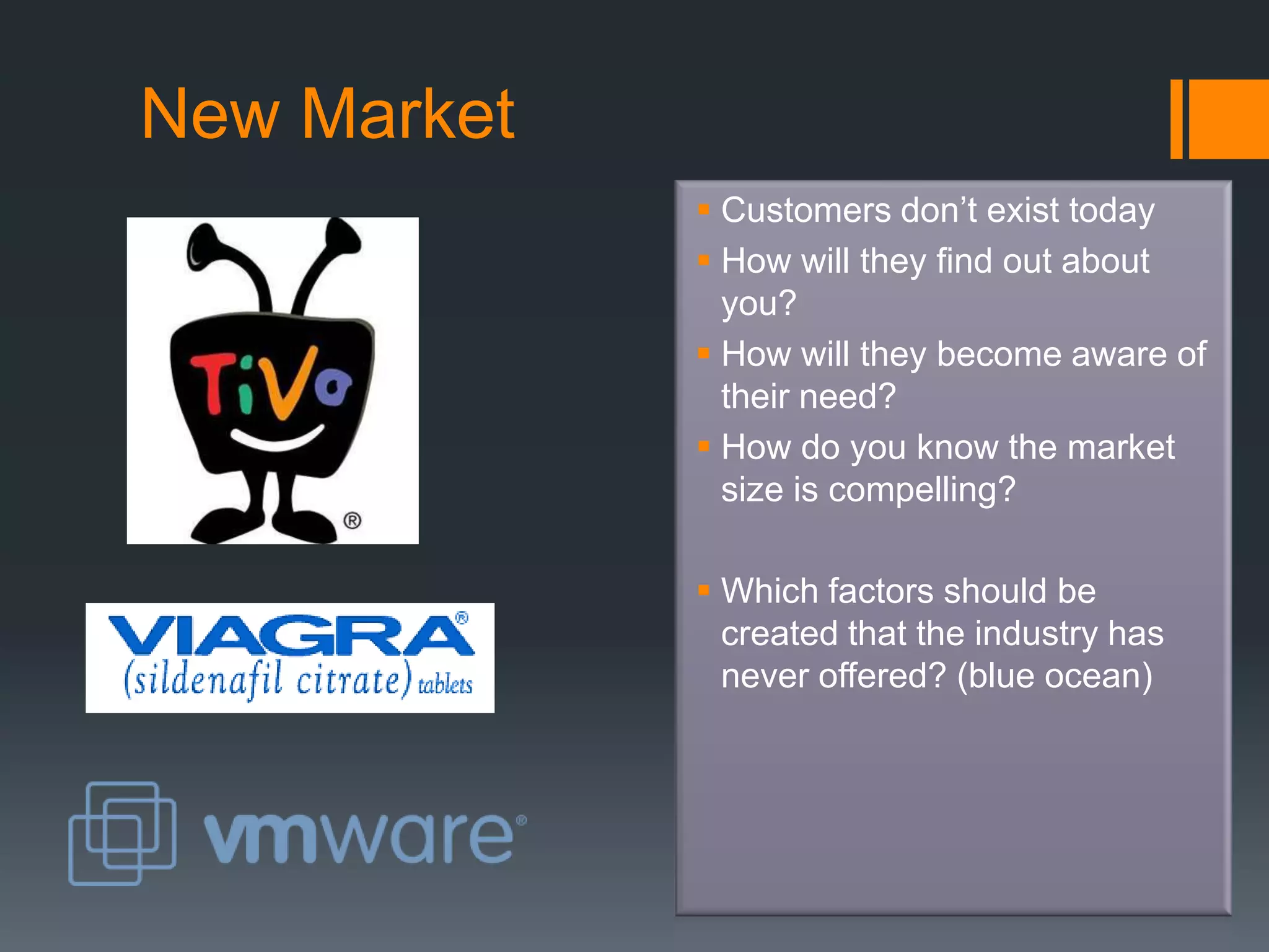 Resegmented Market Low cost provider (Southwest)Unique niche via positioning (Whole Foods)What factors can you eliminate that your industry has long competed on?Which factors should be reduced well below the industr’s  standard?Which factors should be raised well above the industry’s standard?Which factors should be created that the industry has never offered? (blue ocean)