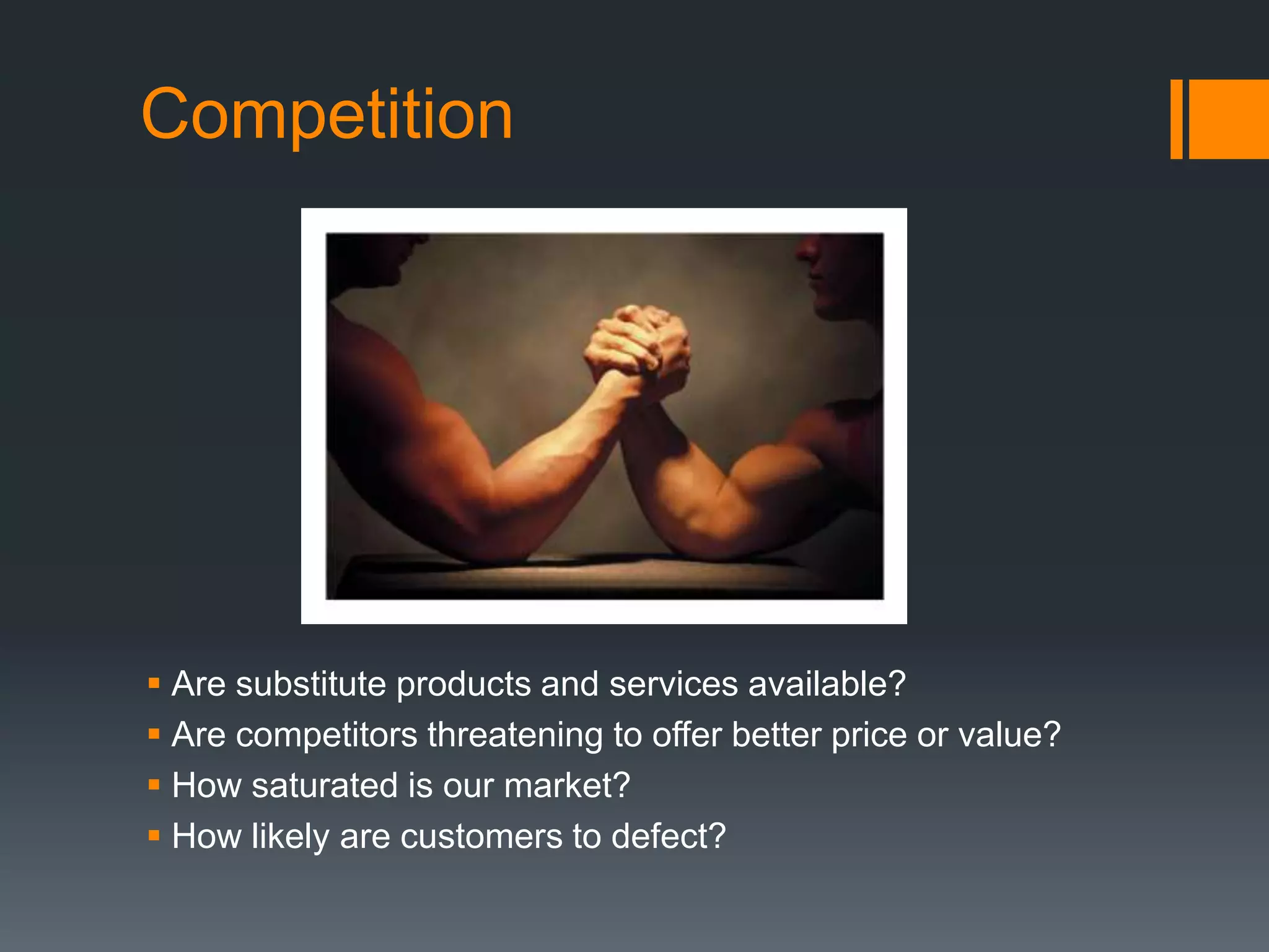 New MarketCustomers don’t exist todayHow will they find out about you?How will they become aware of their need?How do you know the market size is compelling?Which factors should be created that the industry has never offered? (blue ocean)
