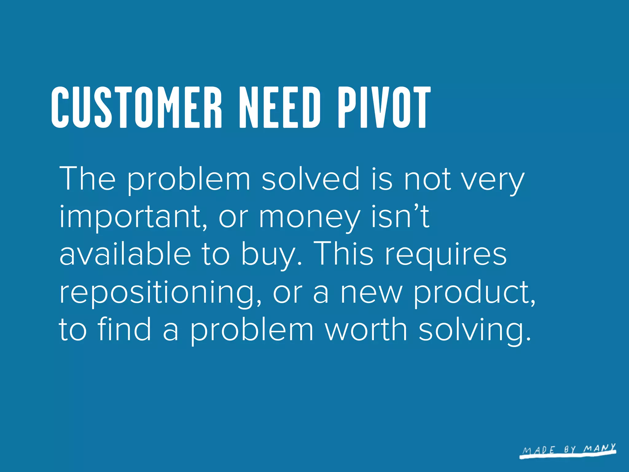 CUSTOMER NEED PIVOT
The problem solved is not very
important, or money isn’t
available to buy. This requires
repositioning, or a new product,
to ﬁnd a problem worth solving.
 