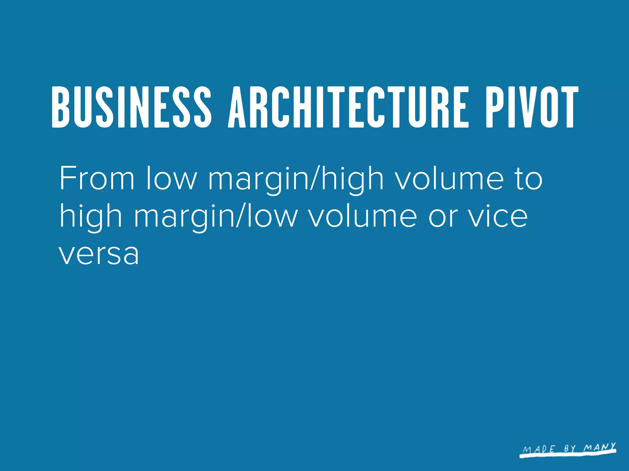 BUSINESS ARCHITECTURE PIVOT
From low margin/high volume to
high margin/low volume or vice
versa
 