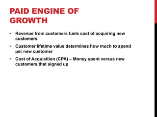 PAID ENGINE OF
GROWTH
• Revenue from customers fuels cost of acquiring new
  customers
• Customer lifetime value determines how much to spend
  per new customer
• Cost of Acquisition (CPA) – Money spent versus new
  customers that signed up
 
