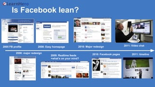 Is Facebook lean?
2005 FB profile
2006: major redesign
2008: Easy homepage
2009: Realtime feeds
+what’s on your mind?
2010: Major redesign
2010: Facebook pages 2011: timeline
2011: Video chat
 