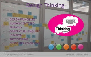 Design Thinking 
DESIGN PRINCIPLES 
HUMAN-CENTERED 
EMPATHY 
CONTEXTUAL ENQUIRY 
IDEATION 
PROTOTYPING 
CUSTOMER CO-DESIGN 
Change By Design ~ Tim Brown dschool.stanford.edu 
 