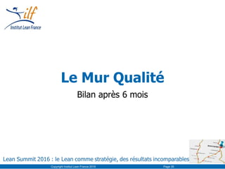 Le Mur Qualité
Bilan après 6 mois
Copyright Institut Lean France 2016 Page 35
 