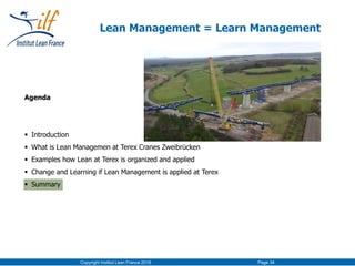 Agenda
 Introduction
 What is Lean Managemen at Terex Cranes Zweibrücken
 Examples how Lean at Terex is organized and applied
 Change and Learning if Lean Management is applied at Terex
 Summary
Copyright Institut Lean France 2016 Page 34
Lean Management = Learn Management
 