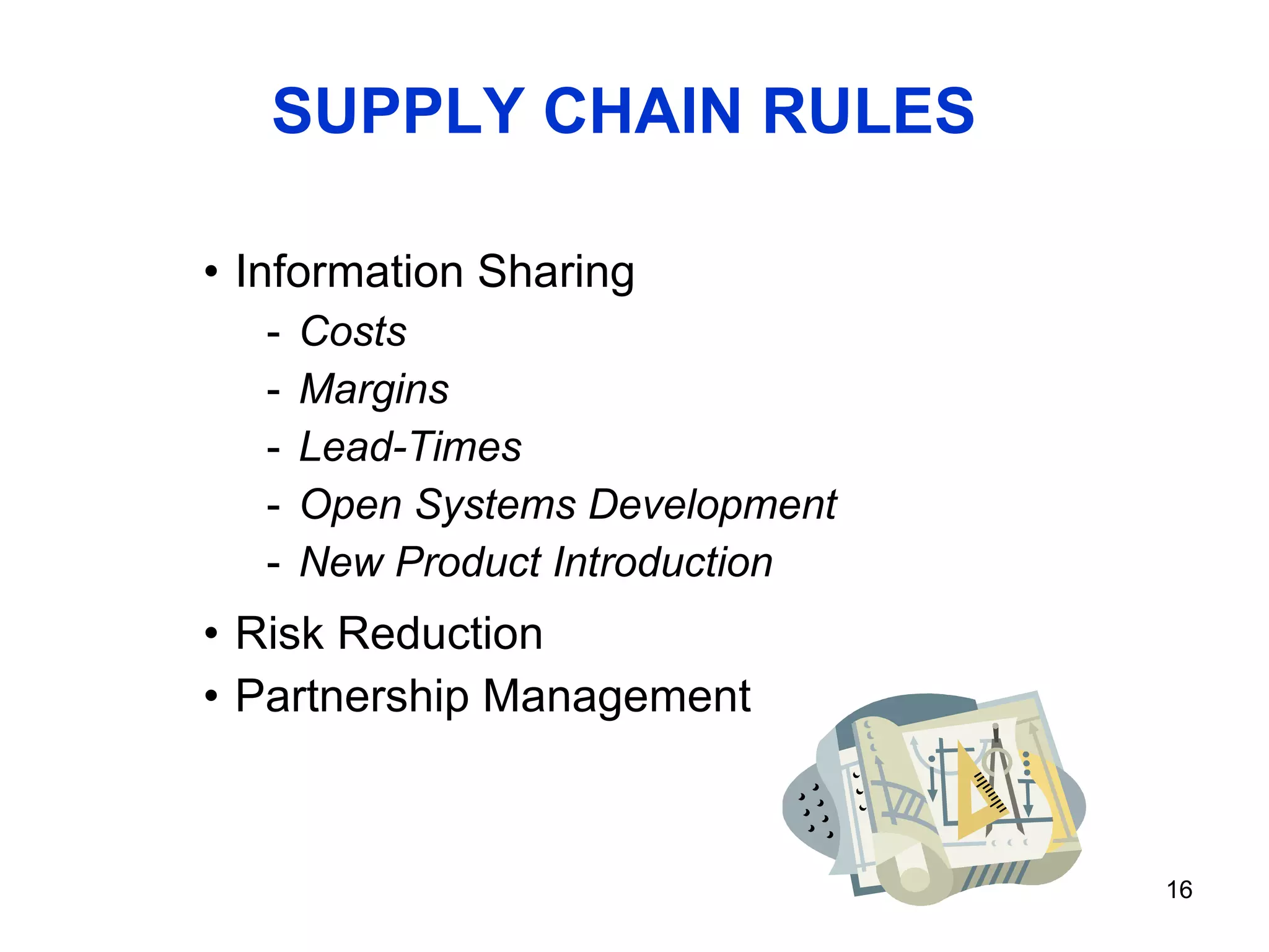 SUPPLY CHAIN RULES Information Sharing Costs Margins Lead-Times Open Systems Development New Product Introduction Risk Reduction Partnership Management 
