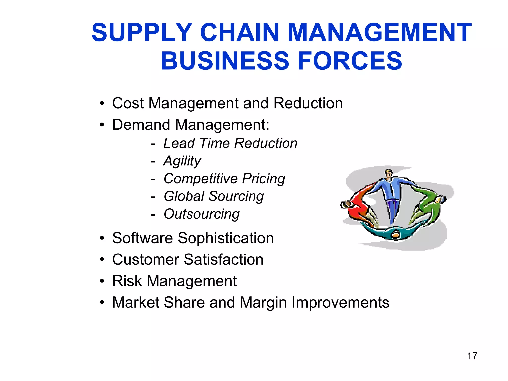 SUPPLY CHAIN MANAGEMENT BUSINESS FORCES Cost Management and Reduction Demand Management: Lead Time Reduction Agility Competitive Pricing  Global Sourcing Outsourcing Software Sophistication Customer Satisfaction Risk Management Market Share and Margin Improvements 