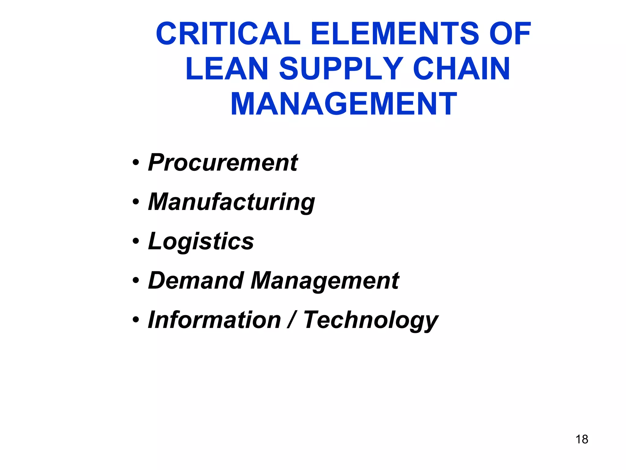 CRITICAL ELEMENTS OF  LEAN SUPPLY CHAIN MANAGEMENT Procurement Manufacturing Logistics Demand Management Information / Technology 