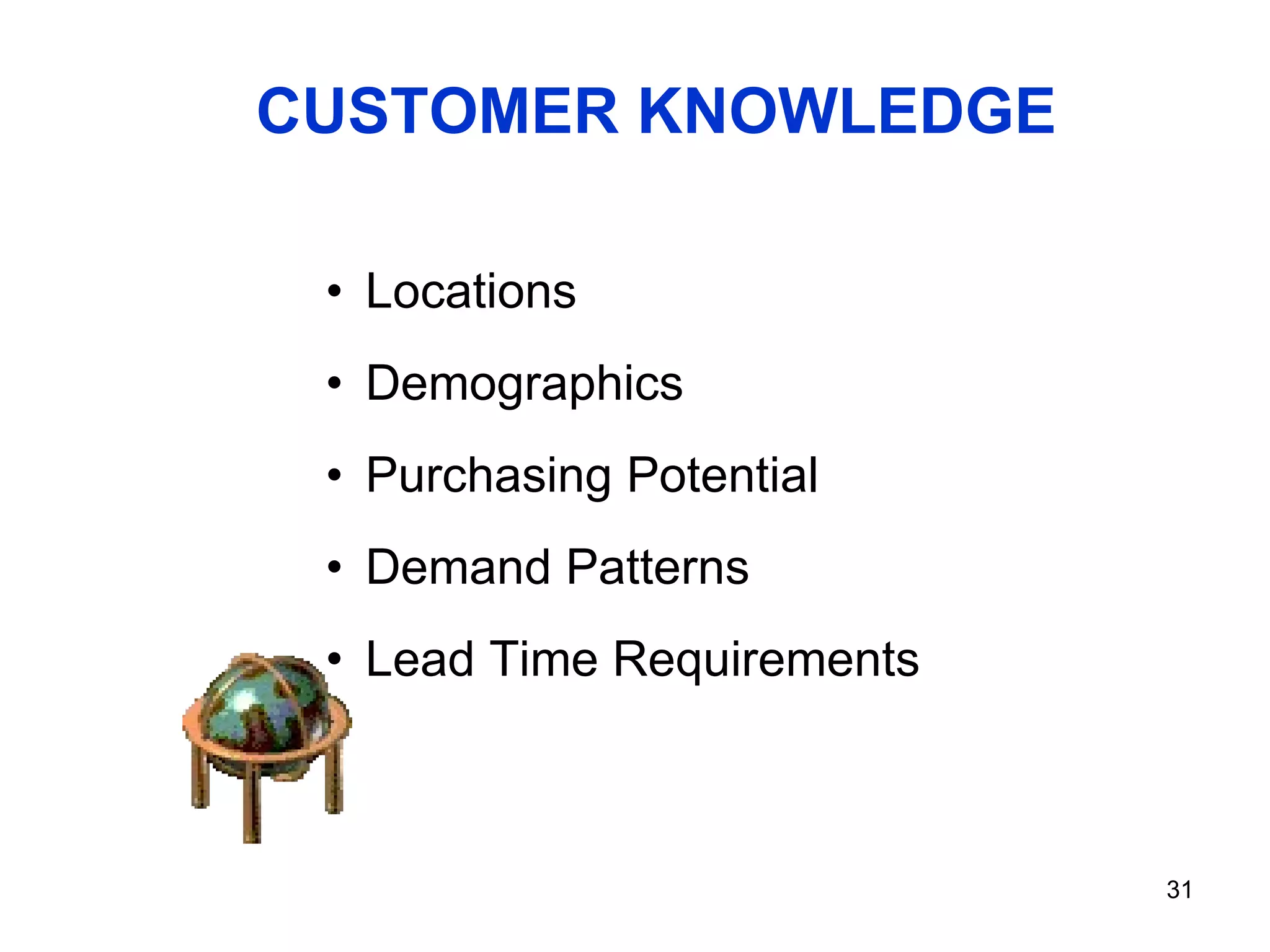 CUSTOMER KNOWLEDGE Locations Demographics Purchasing Potential Demand Patterns Lead Time Requirements 