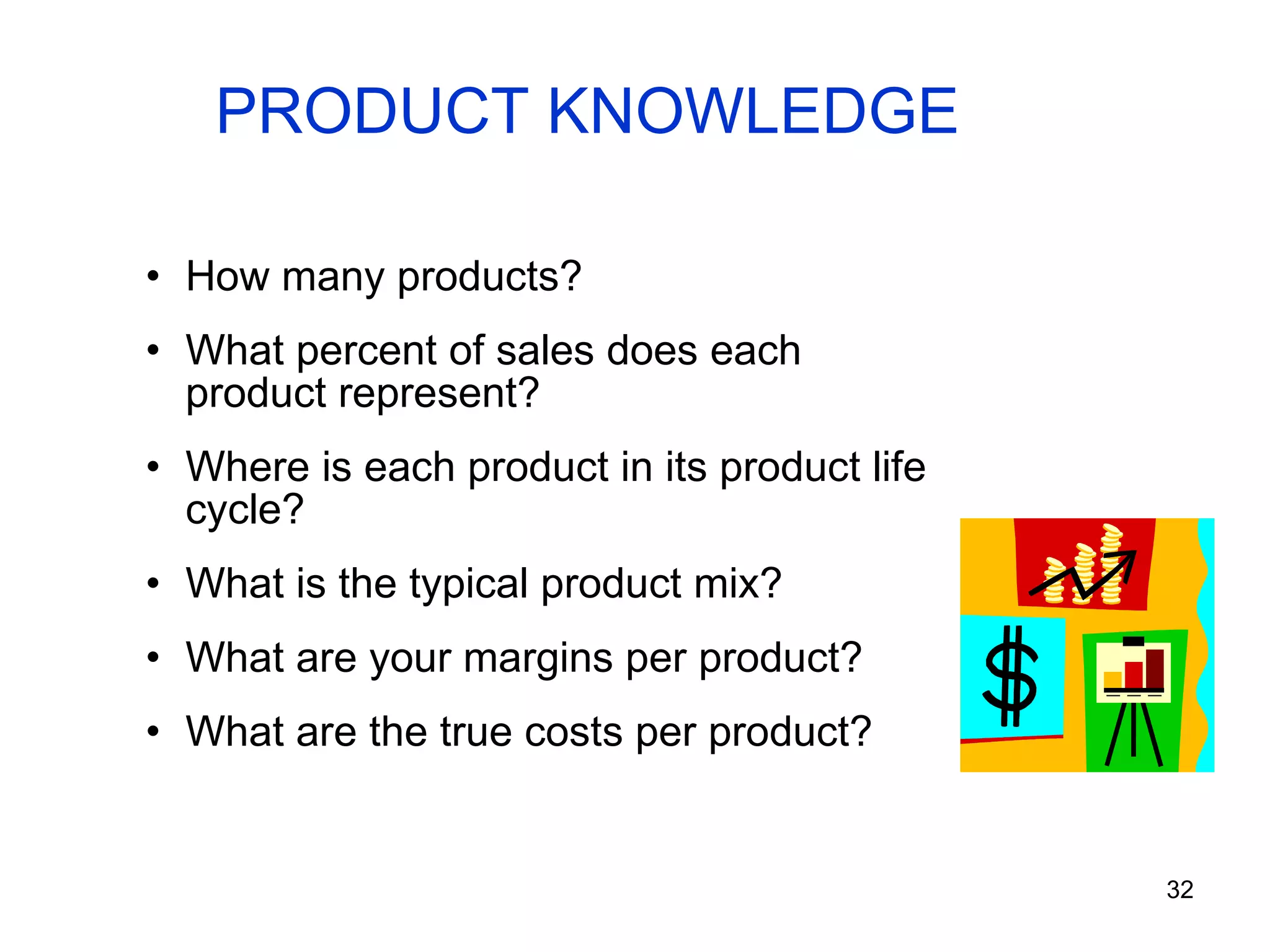 PRODUCT KNOWLEDGE How many products? What percent of sales does each product represent? Where is each product in its product life cycle? What is the typical product mix? What are your margins per product? What are the true costs per product? 
