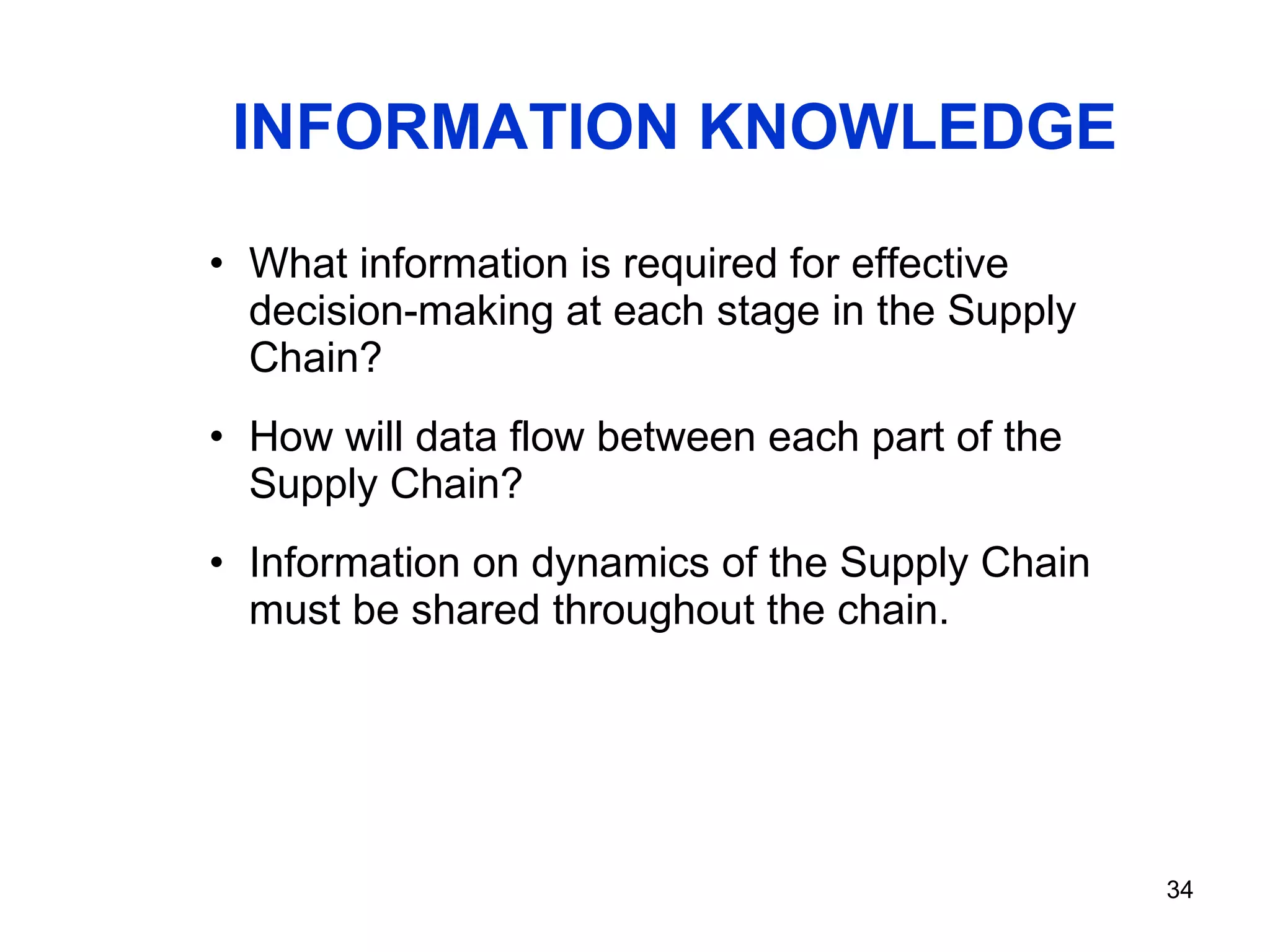 INFORMATION KNOWLEDGE What information is required for effective decision-making at each stage in the Supply Chain? How will data flow between each part of the Supply Chain? Information on dynamics of the Supply Chain must be shared throughout the chain. 