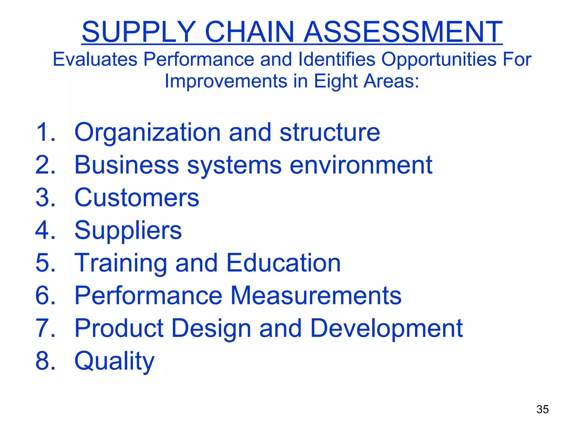 SUPPLY CHAIN ASSESSMENT Evaluates Performance and Identifies Opportunities For Improvements in Eight Areas: Organization and structure Business systems environment Customers Suppliers  Training and Education Performance Measurements Product Design and Development Quality 
