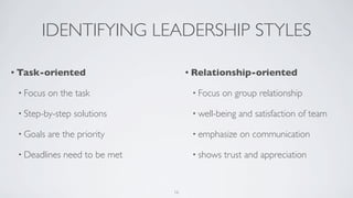 IDENTIFYING LEADERSHIP STYLES
• Task-oriented
• Focus on the task
• Step-by-step solutions
• Goals are the priority
• Deadlines need to be met
• Relationship-oriented
• Focus on group relationship
• well-being and satisfaction of team
• emphasize on communication
• shows trust and appreciation
16
 