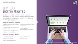 Location analytics
© 2016 Leantegra Inc. All Rights Reserved. Proprietary and Confidential
LEANTEGRA
LOCATION ANALYTICS
enables an analysis of real-time people and asset
movement. Location Analytics presents the key business
service metrics and allows for measuring the proximity
marketing campaigns’ results.
Location Analytics Beneﬁts
 Advantageous product placing
inside a store
 Provision of useful information
in points of interest
 Optimization of staﬃng levels
required in a crowded area
 Boosting performance of all
venue zones
 Eﬀective oﬄine
advertisements’ placement
 Location Popularity
 Visitors / Passersby
 New / Returning Visitors
 Average Dwell Time
 Bounce Rate
Location Analytics Metrics
 