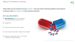 Selling IoT: Pain Relievers vs Vitamins
Key Selling Points:
© 2016 Leantegra Inc. All Rights Reserved. Proprietary and Confidential
Pretty often your IoT products are just vitamins — the issue about matching problems and solutions!
Customers need "pain relievers" to their specific problems!
Most important #1: exact match between
a customer's problem and your solution
Tangible ROI
Successful case studies (with numbers)
Local competitor examples: "Neighbor has it already!"
Popularity / large market share — not for MVP,
unless you're Google or Amazon
 