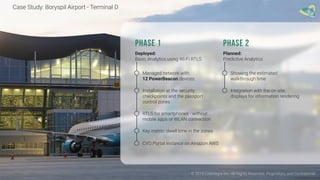 © 2016 Leantegra Inc. All Rights Reserved. Proprietary and Confidential
Case Study: Boryspil Airport - Terminal D
PHASE 1
Deployed:
Basic Analytics using Wi-Fi RTLS
Managed network with
12 PowerBeacon devices
Installation at the security
checkpoints and the passport
control zones
RTLS for smartphones - without
mobile apps or WLAN connection
Key metric: dwell time in the zones
CVO Portal instance on Amazon AWS
PHASE 2
Planned:
Predictive Analytics
Showing the estimated
walkthrough time
Integration with the on-site
displays for information rendering
 