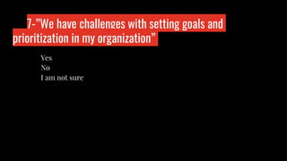 7-”We have challenges with setting goals and
prioritization in my organization”
Who is wo?
Yes
No
I am not sure
 