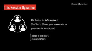 This Session Dynamics
| Session | Dynamics |
We believe in interactions.
So Please, Share your comments or
questions in parking lot.
Join us at this link 👇
gobeam.me/okrs
 
