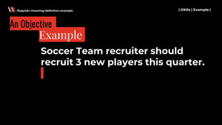 Soccer Team recruiter should
recruit 3 new players this quarter.
| OKRs | Example |
Example
/faqs/okr-meaning-definition-example
An Objective
 