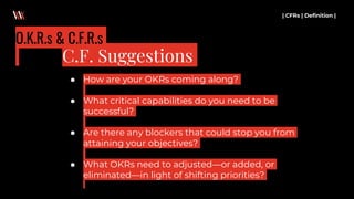 ● How are your OKRs coming along?
● What critical capabilities do you need to be
successful?
● Are there any blockers that could stop you from
attaining your objectives?
● What OKRs need to adjusted—or added, or
eliminated—in light of shifting priorities?
| CFRs | Definition |
C.F. Suggestions
O.K.R.s & C.F.R.s
 