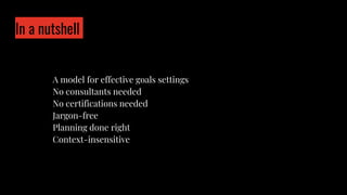 In a nutshell
A model for effective goals settings
No consultants needed
No certifications needed
Jargon-free
Planning done right
Context-insensitive
 