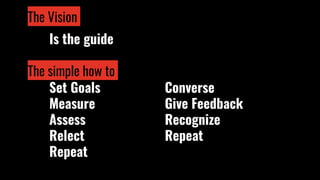 The Vision
Is the guide
The simple how to
Set Goals
Measure
Assess
Relect
Repeat
Converse
Give Feedback
Recognize
Repeat
 