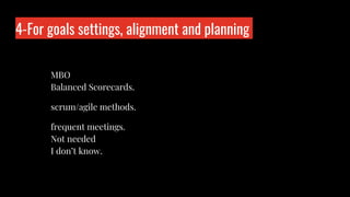 4-For goals settings, alignment and planning
Who is wo?
MBO
Balanced Scorecards.
scrum/agile methods.
frequent meetings.
Not needed
I don’t know.
 