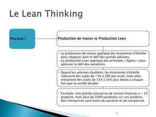 3Le Lean ThinkingPourquoi ?Production de masse vs Production LeanLa production de masse applique des économies d'échelle pour négocier avec le défi des grands volumes.