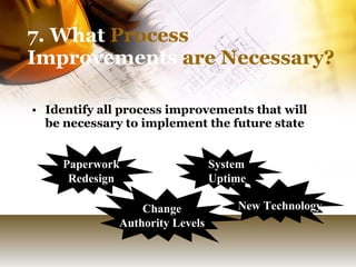 7. What  Process  Improvements  are Necessary? Identify all process improvements that will be necessary to implement the future state System Uptime Paperwork Redesign Change Authority Levels New Technology 