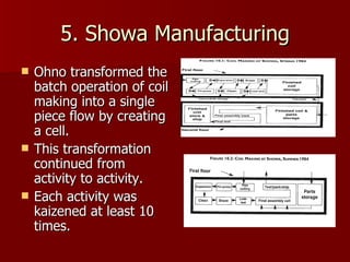5. Showa Manufacturing Ohno transformed the batch operation of coil making into a single piece flow by creating a cell. This transformation continued from activity to activity. Each activity was kaizened at least 10 times. 