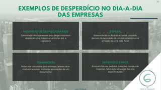 EXEMPLOS DE DESPERDÍCIO NO DIA-A-DIA
DAS EMPRESAS
MOVIMENTOS DESNECESSÁRIOS
Caminhada dos operadores para pegar insumos e
abastecer uma máquina, caminhar até a
copiadora
TRANSPORTE
Rotas mal calculadas para entregas, anexos de e-
mails em excesso, múltiplas aprovações de um
documento
ESPERA
Sistema lento ou fora do ar, ramal coupado,
demora na aprovação de um documento ou na
emissão de uma nota fiscal
DEFEITOS E ERROS
Erros em faturas, pedidos, cotações, compra de
materiais, fabricação de peças fora das
especificações
Lean Thinking
10
 