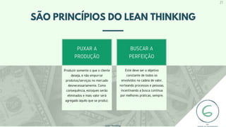 SÃO PRINCÍPIOS DO LEAN THINKING
BUSCAR A
PERFEIÇÃO
PUXAR A
PRODUÇÃO
Produzir somente o que o cliente
deseja, e não empurrar
produtos/serviços no mercado
desnecessariamente. Como
consequência, estoques serão
eliminados e mais valor será
agregado àquilo que se produz.
Este deve ser o objetivo
constante de todos os
envolvidos na cadeia de valor,
norteando processos e pessoas,
incentivando a busca contínua
por melhores práticas, sempre.
Lean Thinking
21
 