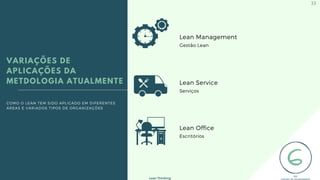COMO O LEAN TEM SIDO APLICADO EM DIFERENTES
ÁREAS E VARIADOS TIPOS DE ORGANIZAÇÕES
VARIAÇÕES DE
APLICAÇÕES DA
METDOLOGIA ATUALMENTE
Lean Management
Gestão Lean
Lean Service
Serviços
Lean Office
Escritórios
Lean Thinking
33
 