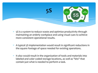 5S

5S is a system to reduce waste and optimize productivity through
maintaining an orderly workplace and using visual cues to achieve
more consistent operational results.

A typical 5S implementation would result in significant reductions in
the square footage of space needed for existing operations.
It also would result in the organization of tools and materials into
labeled and color coded storage locations, as well as "kits" that
contain just what is needed to perform a task.

 