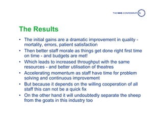 The Results
• The initial gains are a dramatic improvement in quality -
mortality, errors, patient satisfaction
• Then better staff morale as things get done right first time
on time - and budgets are met!
• Which leads to increased throughput with the same
resources - and better utilisation of theatres
• Accelerating momentum as staff have time for problem
solving and continuous improvement
• But because it depends on the willing cooperation of all
staff this can not be a quick fix
• On the other hand it will undoubtedly separate the sheep
from the goats in this industry too
 
