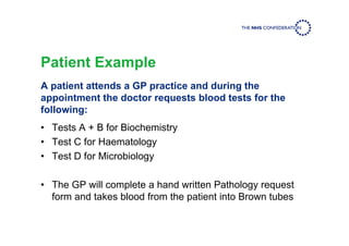 Patient Example
A patient attends a GP practice and during the
appointment the doctor requests blood tests for the
following:
• Tests A + B for Biochemistry
• Test C for Haematology
• Test D for Microbiology
• The GP will complete a hand written Pathology request
form and takes blood from the patient into Brown tubes
 
