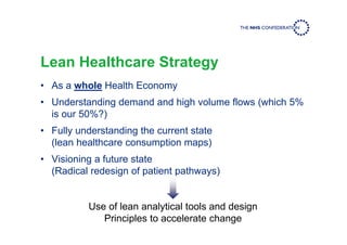 Lean Healthcare Strategy
• As a whole Health Economy
• Understanding demand and high volume flows (which 5%
is our 50%?)
• Fully understanding the current state
(lean healthcare consumption maps)
• Visioning a future state
(Radical redesign of patient pathways)
Use of lean analytical tools and design
Principles to accelerate change
 