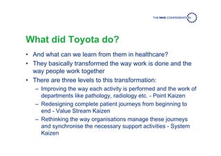What did Toyota do?
• And what can we learn from them in healthcare?
• They basically transformed the way work is done and the
way people work together
• There are three levels to this transformation:
– Improving the way each activity is performed and the work of
departments like pathology, radiology etc. - Point Kaizen
– Redesigning complete patient journeys from beginning to
end - Value Stream Kaizen
– Rethinking the way organisations manage these journeys
and synchronise the necessary support activities - System
Kaizen
 