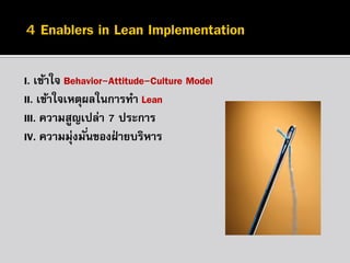 I. เข้าใจ Behavior-Attitude-Culture Model
II. เข้าใจเหตุผลในการทา Lean
III. ความสูญเปล่า 7 ประการ
IV. ความมุ่งมั ่นของฝ่ ายบริหาร

 