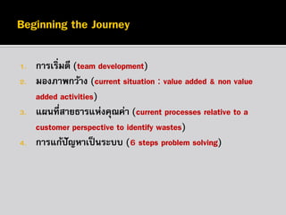 1.
2.

3.
4.

การเริ่มดี (team development)
มองภาพกว้าง (current situation : value added & non value
added activities)
แผนที่สายธารแห่งคุณค่า (current processes relative to a
customer perspective to identify wastes)
การแก้ปัญหาเป็ นระบบ (6 steps problem solving)

 