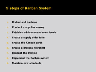 1.
2.
3.

4.
5.
6.
7.
8.
9.

Understand Kanbans
Conduct a supplies survey
Establish minimum/maximum levels
Create a supply order form
Create the Kanban cards
Create a process flowchart
Conduct the training
Implement the Kanban system
Maintain new standards

 