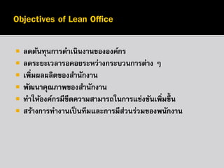 







ลดต้นทุนการดาเนินงานขององค์กร
ลดระยะเวลารอคอยระหว่างกระบวนการต่าง ๆ
เพิ่มผลผลิตของสานักงาน
พัฒนาคุณภาพของสานักงาน
ทาให้องค์กรมีขีดความสามารถในการแข่งขันเพิ่มขึ้น
สร้างการทางานเป็ นทีมและการมีส่วนร่วมของพนักงาน

 