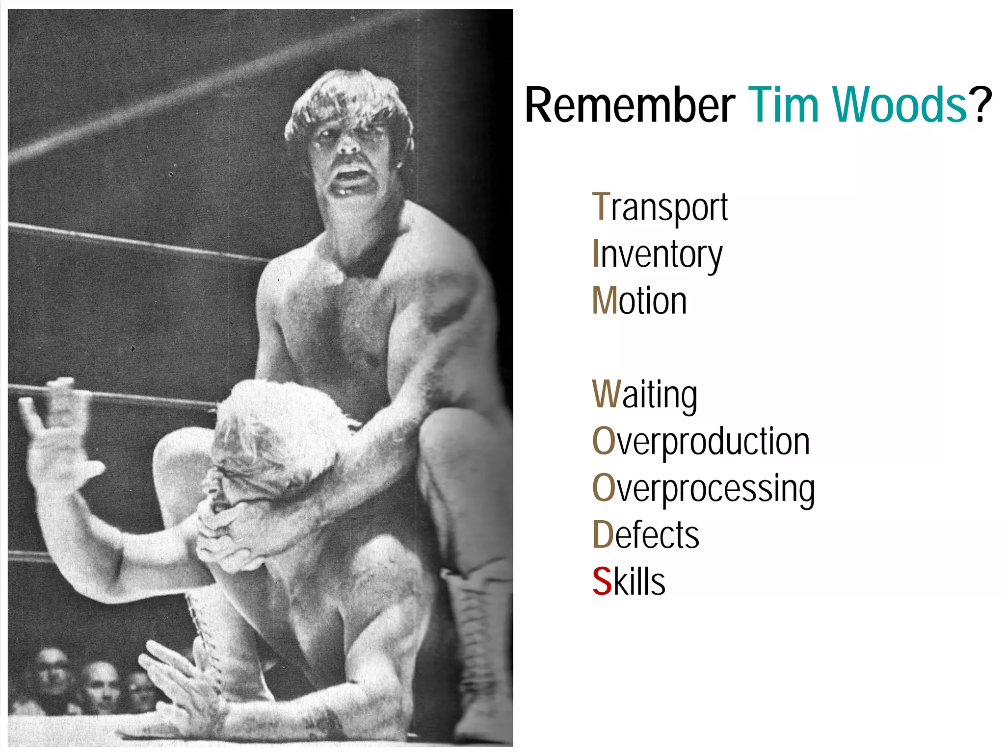 Remember Tim Woods? 
Transport 
Inventory 
Motion 
Waiting 
Overproduction 
Overprocessing 
Defects 
Skills 
 