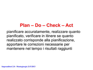 Imprenditori 2.0 - Montegiorgio 21/5/2013
Plan – Do – Check – Act
pianificare accuratamente, realizzare quanto
pianificato, verificare in itinere se quanto
realizzato corrisponde alla pianificazione,
apportare le correzioni necessarie per
mantenere nel tempo i risultati raggiunti
 