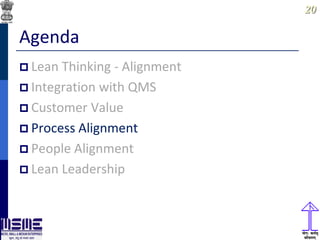 2020
Agenda
 Lean Thinking - Alignment
 Integration with QMS
 Customer Value
 Process Alignment
 People Alignment
 Lean Leadership
 