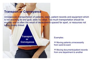 Transport or Conveyance Unnecessary transportation of patients, stock, patient records and equipment which is not reaching its end goal, adds no value. Too much transportation should be avoided and is often the result of departments spaced far apart, or resources not being closely linked. Examples: Moving patients unnecessarily from ward-to-ward Moving documents/patient records from one department to another Transport  or  Conveyance 