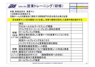 Sales-Do:営業トレーニング（研修）

対象：新製品担当 営業マン
１日研修を２回実施する
活動チームと対象製品に関係する開発部門の担当者の出席が必要
 担当営業マンに担当顧客リストを渡し、研修で顧客を想定した営業作戦を検討する
       項目
       TOCセールス＆マーケティング概論
       マフィアオファーシート・プレゼン資料の教育
 研修 ロールプレイング実施、
 １回目 個別企業を想定した営業トークを営業マンごとに作る
オファー教育 （９質問など）

       再度ロールプレイングをおこなう
       バッファマネジメントと営業優先順位解説
       営業報告顧客管理シート解説
 研修 実施済営業案件について顧客管理シート作成と発表
 ２回目 顧客の４つのタイプ解説
コンプレック
スセールス
       営業話法のポイント （複数関係者への対応）
の教育教育 個別企業向け営業戦略作成
       ロールプレイング実習
           Copyright Goal-system Consultants Inc. All Rights Reserved.   21
 